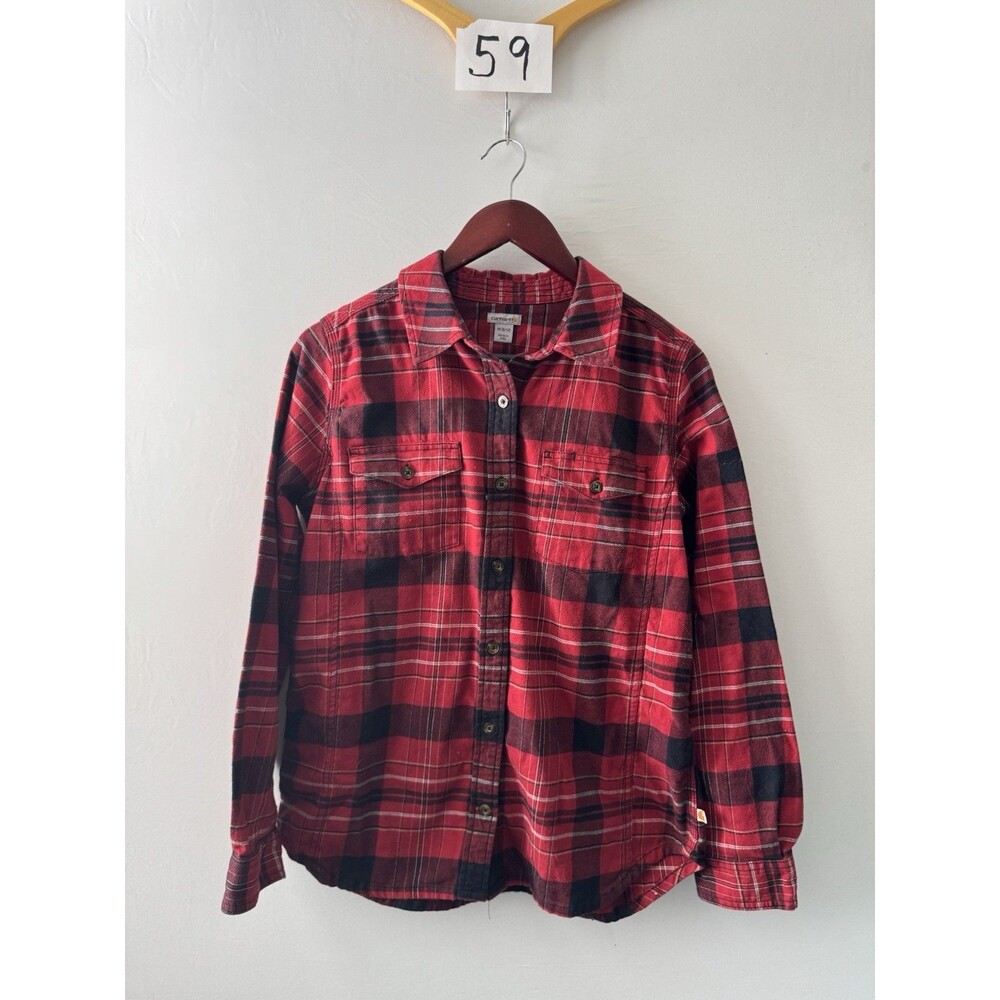Carhartt Women's Medium Red Black Plaid Flannel Button Up Shirt Long Sleeve